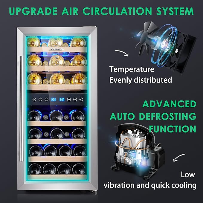 Phiestina Wine Cooler Refrigerator 16 inch Freestanding Wine Refrigerator 33 Bottles Dual Zones Mini Wine Fridge Auto Defrost with Temperature Memory Glass Door 7 Removable Shelves Quiet