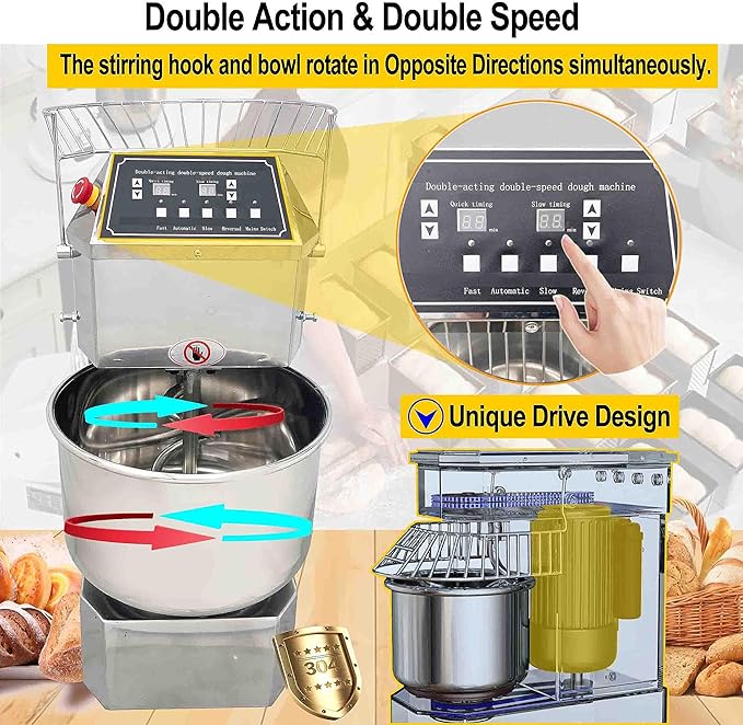 TECHTONGDA Commercial Electric Dough Mixer Mixing Machine, 20L Stainless Steel Spiral Stand Flour Mixer, Double Action Double Speed Dough Kneading Machine with Speed Time Control for Bakery Pizzeria