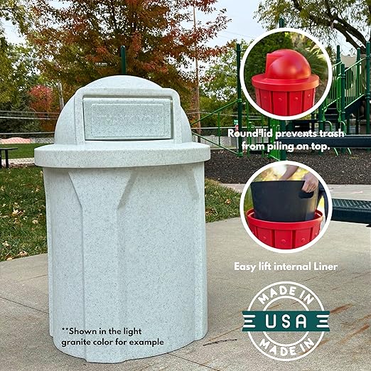 Campus Collection 42 Gallon Circle 100% Recycled Plastic Heavy Duty Outdoor Commercial Trash Can with Push Open Dome Lid and Internal Liner | Great for Schools and Businesses - Light Granite