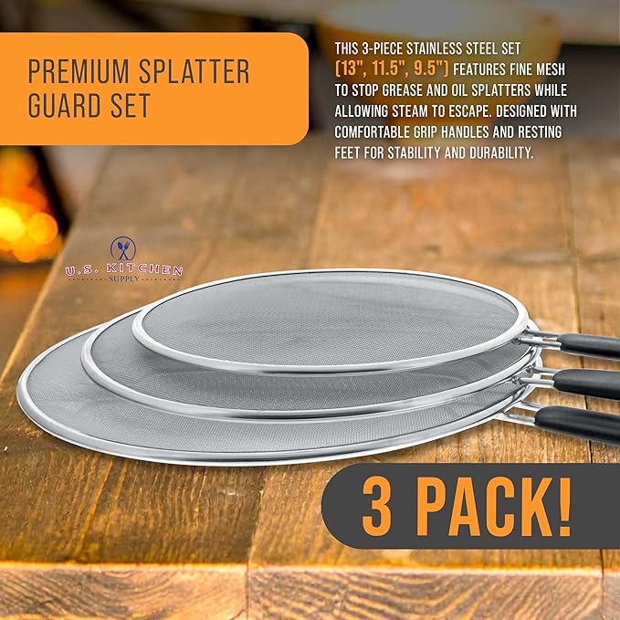 U.S. Kitchen Supply 3-Piece Stainless Steel Splatter Guard Set (13", 11.5", 9.5") Fine Mesh Cover, Grease & Oil, Splatter Screen for Frying Pan, Cooking Pots, with Resting Feet & Comfort Grip Handles
