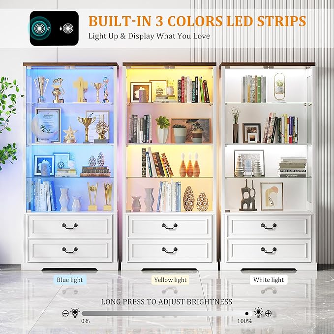67" Tall Display Cabinet with Glass Doors and 2 Drawers, Adjustable Glass Height Bookcase, Curio Cabinet with 3 LED Lights and Human Body Sensor (White)