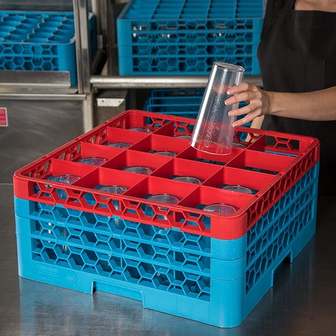 CFS RG16-3C410 OptiClean 16 Compartment Glass Rack with 3 Extenders, 8.72", Polypropylene, Red/CFS Blue