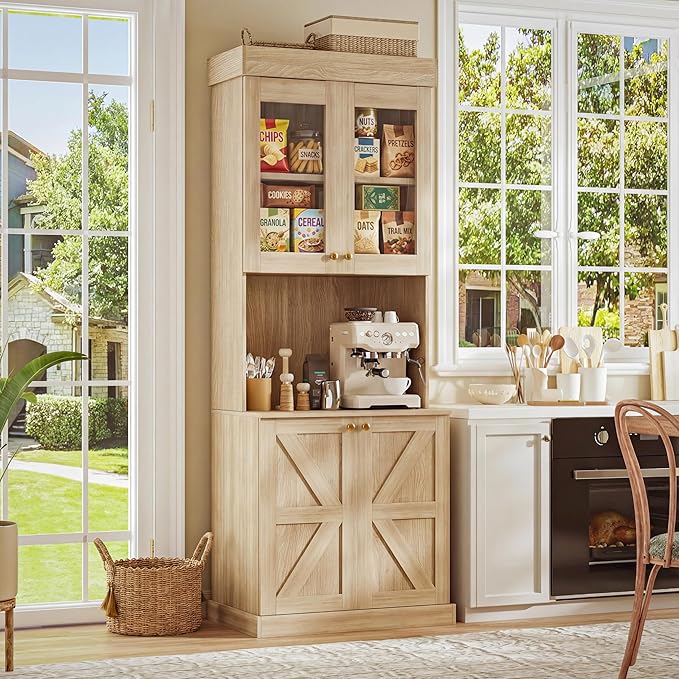 71" Farmhouse Kitchen Pantry Cabinet, Brown Freestanding Coffee Bar Hutch with Glass Doors, Drawers & Adjustable Shelves, Large Storage Cabinet with Microwave Stand for Living Room & Kitchen, Set of 3