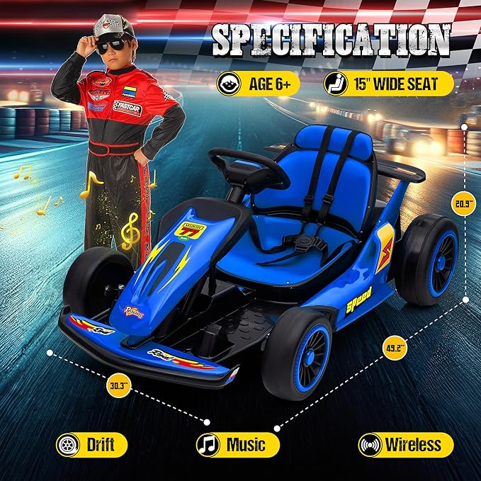 24V Electric Go Kart for Kids, Drift Kart with 400W Motors, EVA Tires, Max Speed 8.1 MPH, Music, Wireless, Electric Drifting Cart Outdoor Ride on Toy for Kids Ages 6+ (Blue)