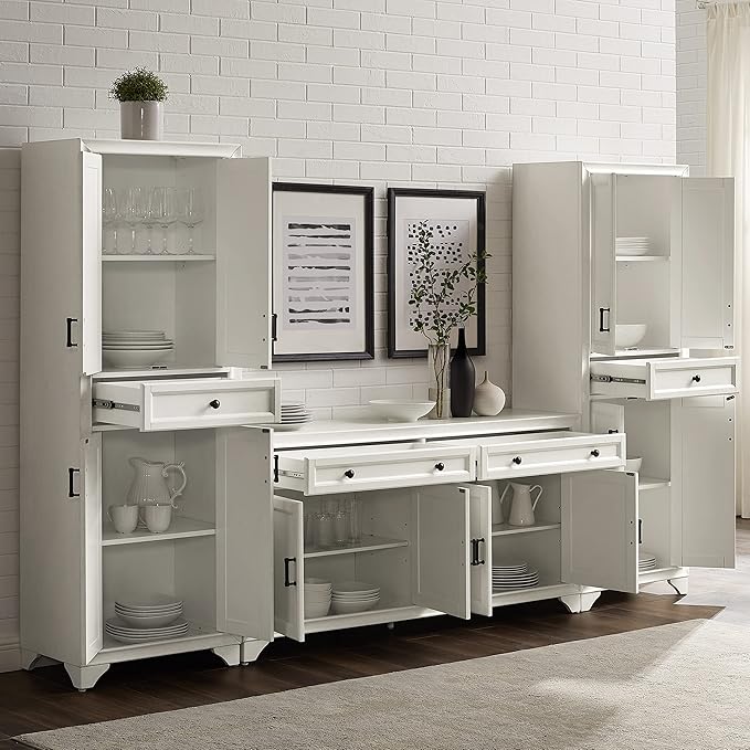Crosley Furniture Tara 3-Piece Modern Farmhouse Sideboard Buffet Cabinet and Kitchen Storage Pantry Set, Distressed White