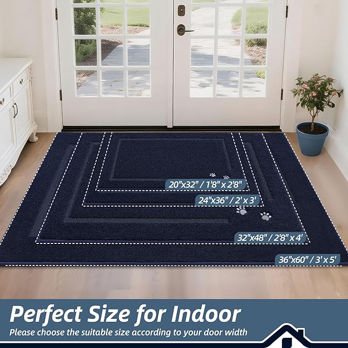 BEQHAUSE Dog Door Mat for Muddy Paws 24"x36" Dirt Trapper Absorbent Doormat Non Slip Entryway Rugs Washable Stain Resistant Welcome Floor Mat Soft Low-Profile for Front Back Door, Navy Blue