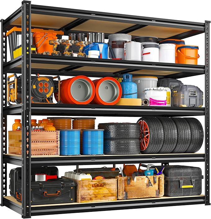 REIBII 48" W Garage Shelving 3020LBS Storage Shelves 5 Tier Industrial Shelving Adjustable Metal Storage Shelves for Garage, Basement, Warehouse, Commercial, Easy Assemble, 48" W x 72" H x 24" D, 2PC