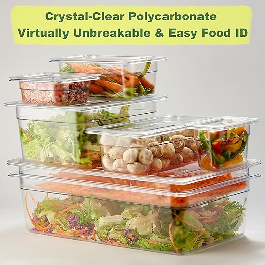 CURTA 6-Pack 1/6 Size 6" Deep NSF Polycarbonate Food Pans | Dishwasher & Freezer Safe Clear Container for Prep Tables, Buffet, Salad Bar, Commercial & Home Kitchen