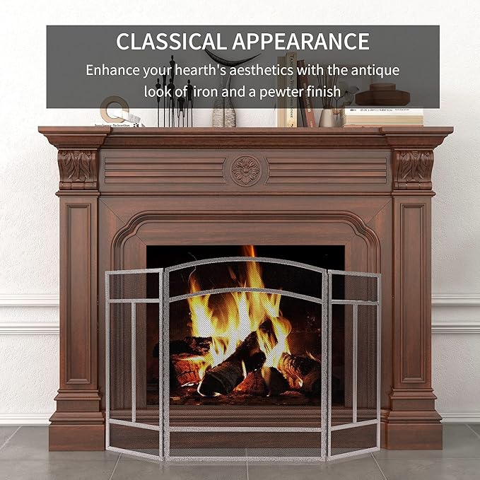 Fire Beauty Fireplace Screen 3 Panel Wrought Iron 48"(L) x 29"(H) Spark Guard Cover(Pewter)