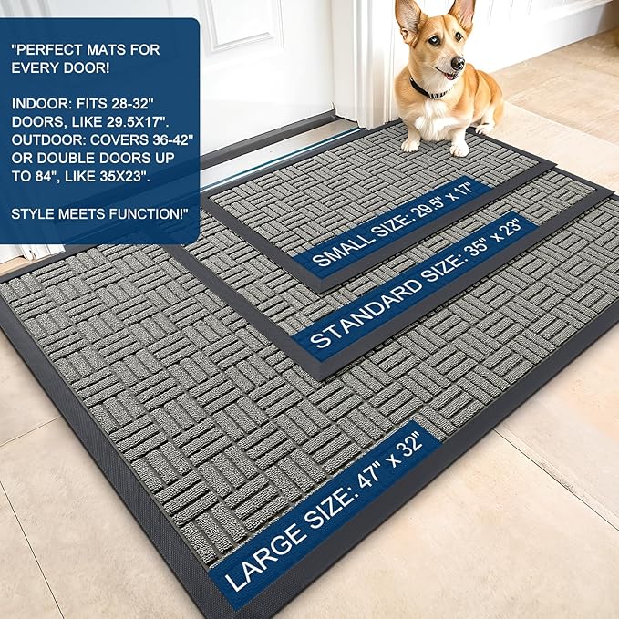 OLANLY Front Door Mat Outside Entrance 47x17, Absorbent, Heavy Duty Sturdy Natural Rubber Doormat Indoor Outdoor, Non-Slip, Stain and Fade Resistant, Low Profile Floor Mat for Entryway, Modern Gray