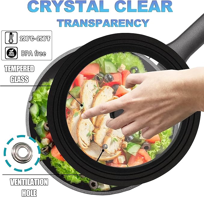 Tempered Glass Lid Set of 2 - Universal Lids with Heat Resistant Silicone Rim for Pots, Pans and Skillets - Pan Cover Replacement Lids Fit 7", 8" & 9" and 10", 11" & 12" Diameter Cookware