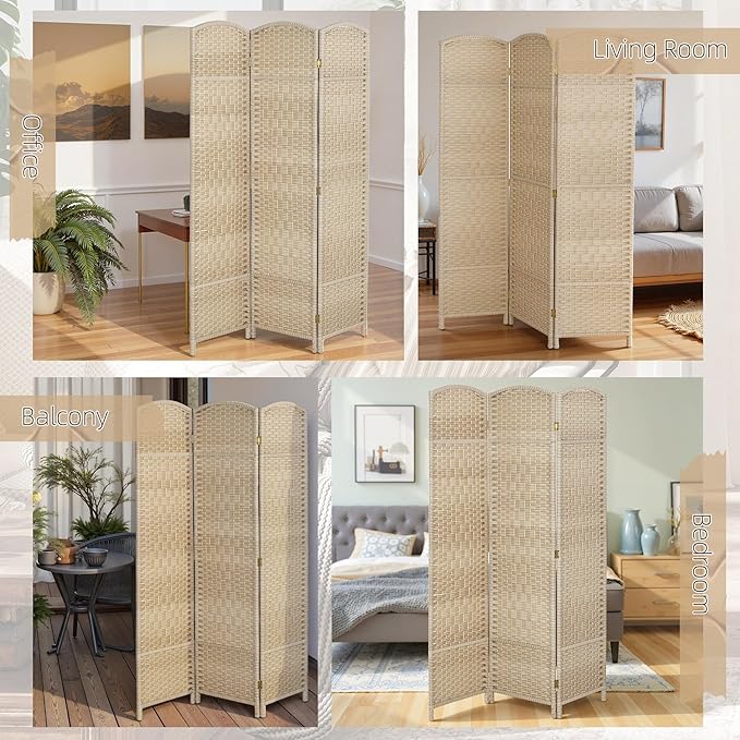 HOMCOM 3 Panel Room Divider, 6' Tall Folding Privacy Screen, Woven Freestanding Wall Partition for Home Office, Bedroom, Washed Oak