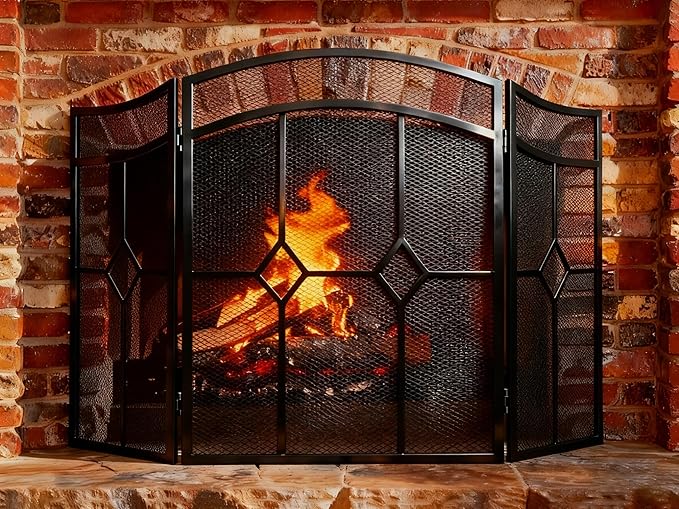 FEED GARDEN 3 Panel Fireplace Screen Wrought Iron 48" W x 30" H Foldable Heavy Duty Fire Spark Guard Cover with Metal Decorative Mesh for Living Room, Home Decor Indoor, Black
