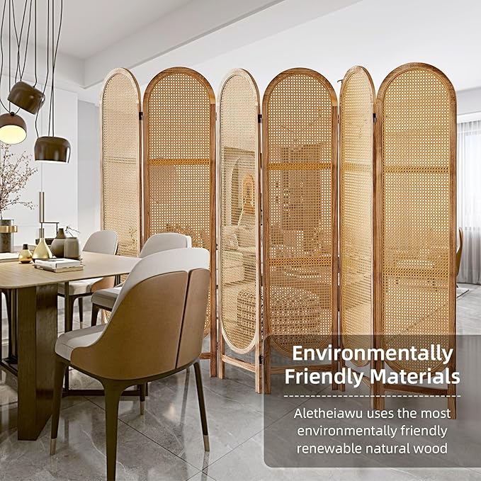 6 Panel Room Divider, 5.6 Ft Foldable Wood Room Divider Screen, Hand-Woven Rattan Folding Privacy Screens with Double Hinges, Wall Divider for Room Separation Bedroom Home Office - Natural