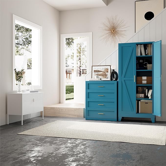 71" Tall Pantry Cabinet, White Metal Pantry Storage Cabinet, Kitchen Pantry Storage Cabinets with 2 Door and 4 Adjustable Shelves (Blue, 71" H)