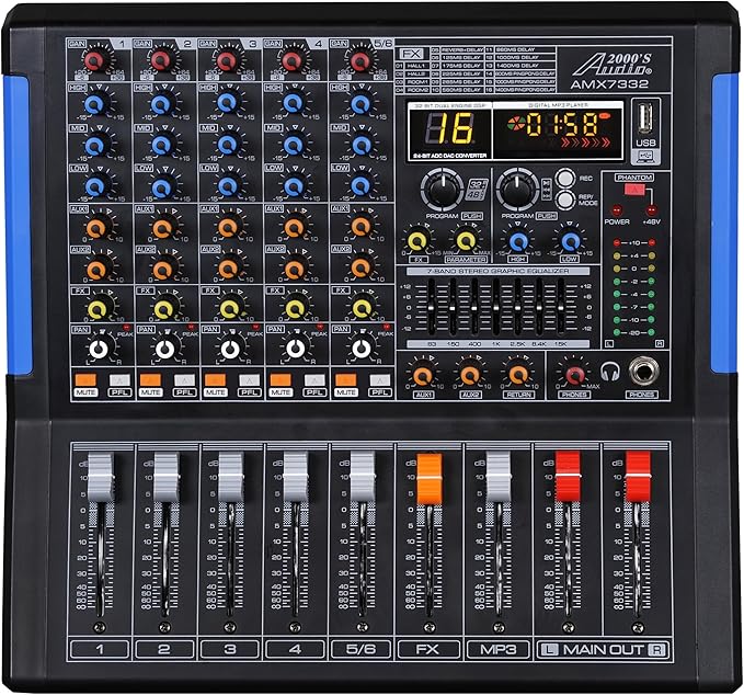 Professional Six-Channel Audio Mixer with USB Interface, Bluetooth, and DSP Sound Effects