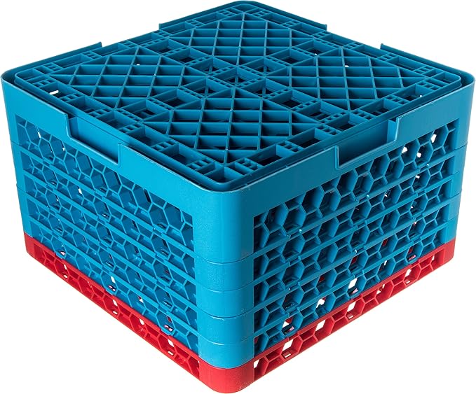 CFS RG36-5C410 OptiClean 36 Compartment Glass Rack with 5 Extenders, 11.9", Polypropylene, Red/CFS Blue