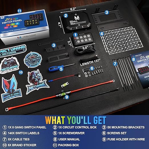 MICTUNING P1B RGB 8 Gang Switch Panel, Multifunction Toggle Momentary Flash Strobe Pulsed Switch Pod with Backlit Off, 5-Level Brightness Circuit Control Relay System Box for Truck RV Offroad Marine