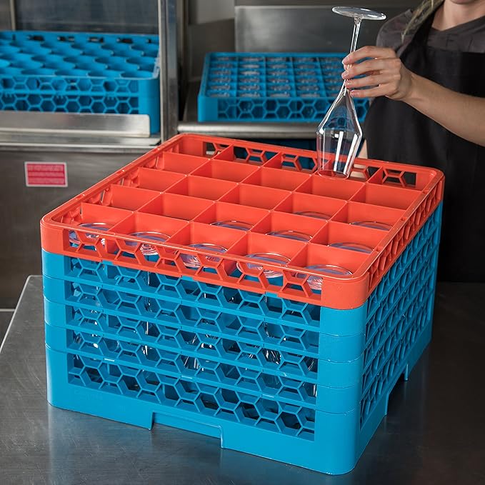 CFS RG25-5C412 OptiClean 25 Compartment Glass Rack with 5 Extenders, 11.9", Polypropylene, Orange/CFS Blue