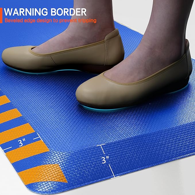 FEATOL Anti Fatigue Mat Industrial, Ergonomic Standing Floor Mat for Work for Stand -Safety Support for Leg & Back Pain(Blue with Yellow Border, 20" x 39", 1PC)