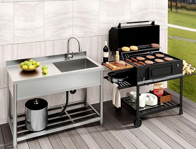 Commercial Sink with Drainboard Stainless Steel Utility Sink with Pull-out Faucet Free Standing Single Bowl Kitchen Sink with Workbench for Restaurant Garage Outoor, 21.7"D x 47.2"W x 37"H, Right Bowl