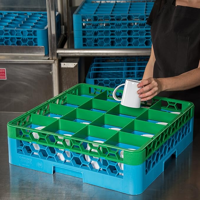 CFS RG16-1C413 OptiClean 16 Compartment Glass Rack with 1 Extender, 5.56", Polypropylene, green/CFS Blue