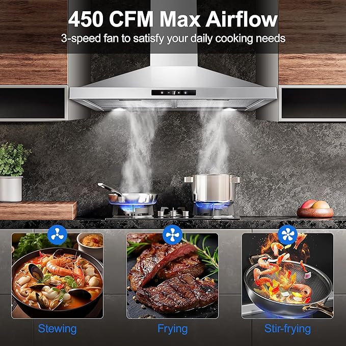 Range Hood 30 inch Wall Mount, Kitchen Vent Hood 450 CFM in Stainless Steel, Stove Vent Hood with Ducted Convertible Ductless, Touch Switch, LEDs Light, 3-Speed Fan, Aluminum Filters