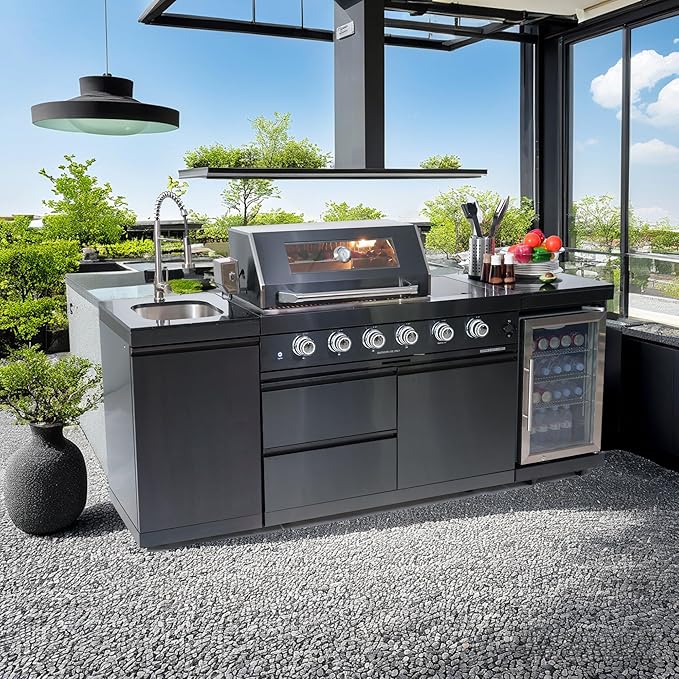 85 Inch 4-Burner 72000 BTU Deluxe Stainless Steel Propane Gas Outdoor Kitchen Barbecue Island Grill, Wine Cooler Compact Refrigerator, Rotisserie Kit, Granite Countertops, Stainless Steel Sink, Black