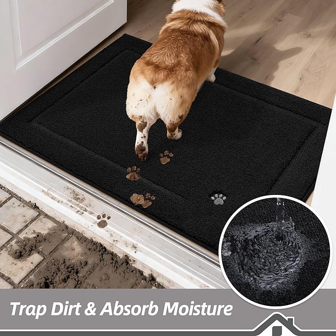 BEQHAUSE Dog Door Mat for Muddy Paws 24"x36" Dirt Trapper Absorbent Doormat Non Slip Entryway Rugs Washable Stain Resistant Welcome Floor Mat Soft Low-Profile for Front Back Door, Black