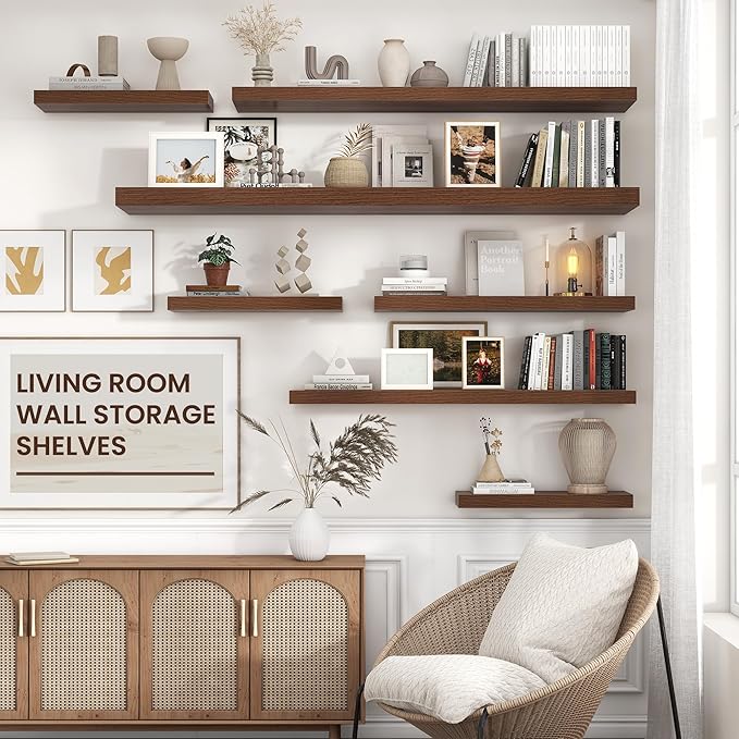 Floating Shelves for Wall 72"W x 11.6"D x 2"H, Long Engineered Wood Wall Shelves with Invisible Brackets for Living Room Bedroom Bathroom Office Kitchen Decor and Storage, Walnut Finish, Set of 1