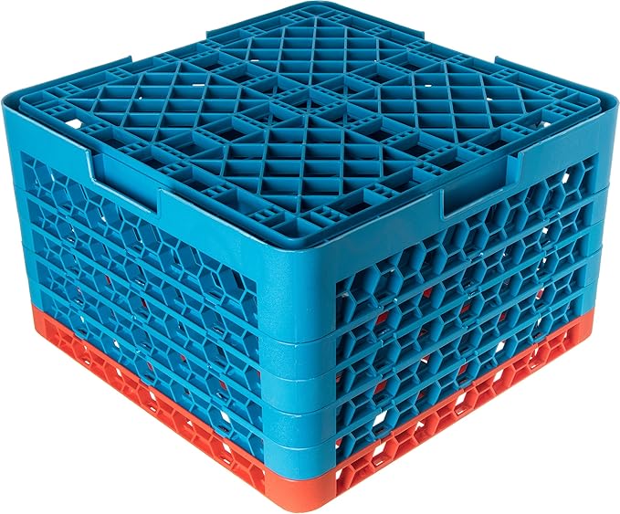 CFS RG25-5C412 OptiClean 25 Compartment Glass Rack with 5 Extenders, 11.9", Polypropylene, Orange/CFS Blue