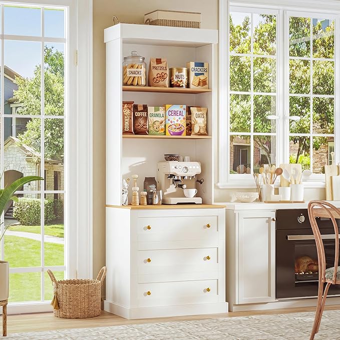 Vyre 71" Farmhouse Kitchen Pantry Cabinet, White Freestanding Coffee Bar Hutch with Glass Doors, Drawers & Adjustable Shelves, Microwave Stand Storage Organizer for Living Room & Kitchen, Set of 4