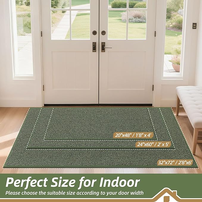 BEQHAUSE Dirt Trapper Door Mat 24" x 60", Non-Slip Washable Doormats Entrance Mat, Dirt Resistant and Absorbent Welcome Mat, Low Profile Floor Mats for Front Back Door and Entryway, Green