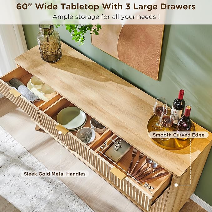 OKD 60" Fluted Buffet Cabinet with Storage - 3 Drawers and 2 Doors, Mordern Wine & Coffee Bar Cabinet with Wine and Glass Racks, Sideboard with Adjustable Shelves for Kitchen, Dining Room,Natural Oak | for Liquor, w/Wine & Glass Rack, 3 Storage Drawers...