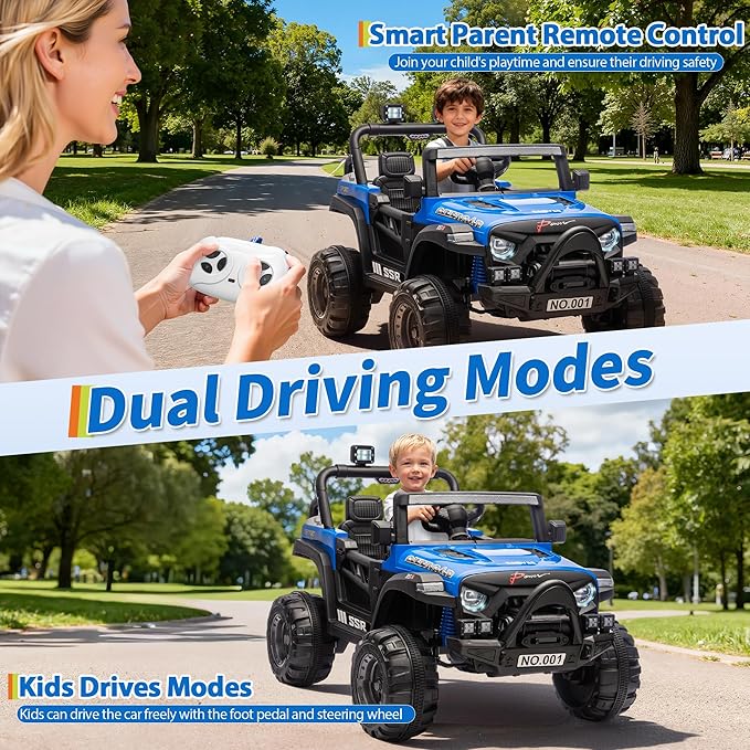 12V Kids Ride on Car, Electric Ride on Truck w/Parent Remote, Spring Suspension, Bluetooth Music, LED Light, 4.1Mph Max Speed, 3 Speeds, Battery Powered Vehicles for Kids Toddler Age 3-8, Blue