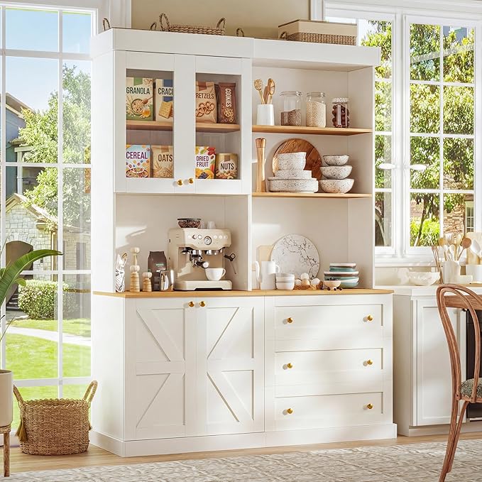 71" Farmhouse Kitchen Pantry Cabinet Set of 2, White Freestanding Coffee Bar Hutch with Glass Doors, Drawers & Adjustable Shelves, Large Storage Cabinet with Microwave Stand for Living Room & Kitchen