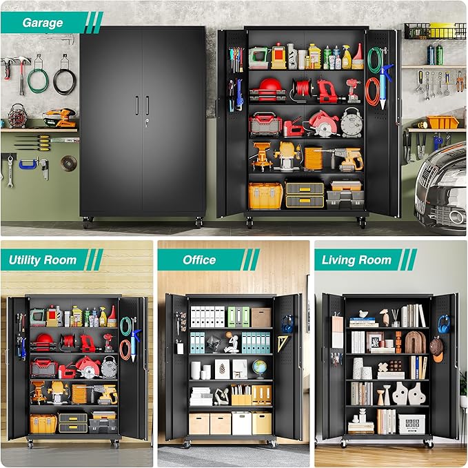 SISESOL Wide & Deep Metal Storage Cabinet with Wheels,Tall Rolling Garage Storage Cabinet with Lock,Black Metal Cabinets with Shelves and Pegboards,Tool Locker for Garage,Home,Office,43''Wx 20''Dx71"H