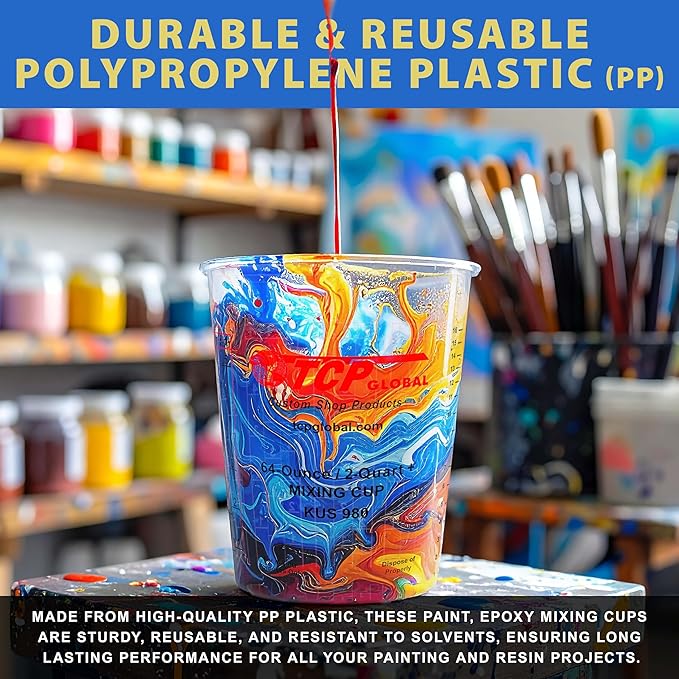 Custom Shop Paint Mixing Cups, 64-Ounce (36 Pack) - Plastic Measuring Cups for Liquids, Automotive Painting, Epoxy Resin, Acrylic Arts, Crafts, Disposable or Reusable, Graduated, Mixing Ratios
