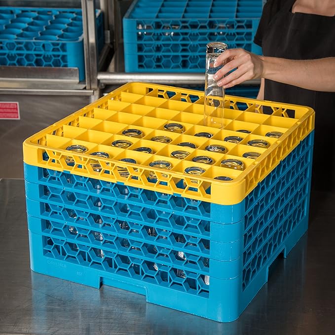 CFS RG49-5C411 OptiClean 49 Compartment Glass Rack with 5 Extenders, 11.9", Polypropylene, Yellow/CFS Blue