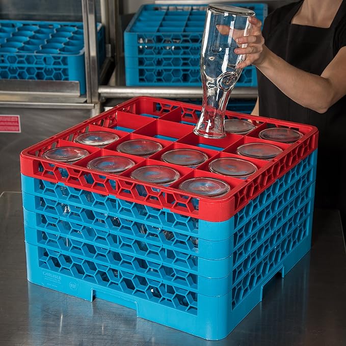 CFS RG16-5C410 OptiClean 16 Compartment Glass Rack with 5 Extenders, 11.9", Polypropylene, Red/CFS Blue
