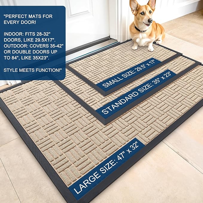 OLANLY Front Door Mat Outside Entrance 29.5x17, Absorbent, Heavy Duty Sturdy Natural Rubber Doormat Indoor Outdoor, Non-Slip, Stain and Fade Resistant, Low Profile Floor Mat for Entryway, Latte White