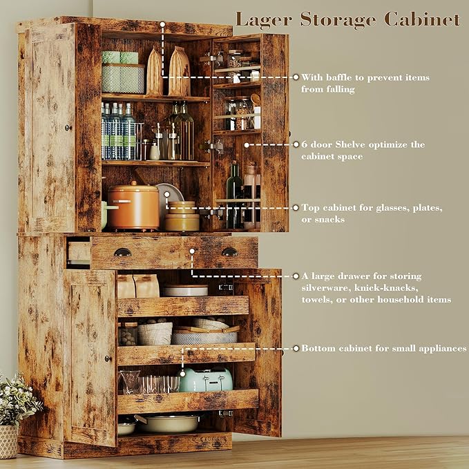 IRONCK Kitchen Pantry Cabinet 72" Height, Freestanding Cupboard with Drawer, Sliding Storage Rack, and 6 Hanging Shelves for Dining Room, Laundry, Living Room, Vintage Brown