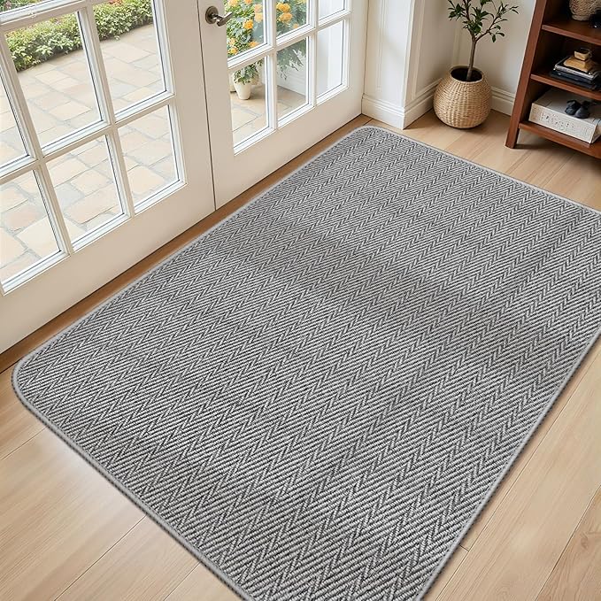 Ultra Thin Door Mat Indoor Entrance 36"x59", Low-Profile Indoor Door Mat, Large Non Slip Entry Mat Rubber Backing Unique Herringbone Design Inside Doormat Dirt Trapper Entryway Mats, Grey