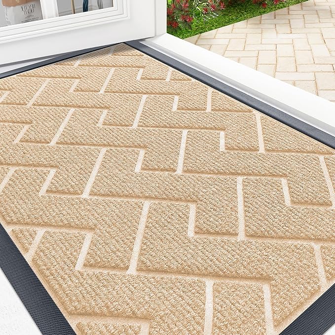 OLANLY Front Door Mat Indoor Outdoor Entrance, Waterproof All-Season, All-Weather Doormat, Sturdy Natural Rubber, Low Profile, Easy Clean Patio Porch Entryway Mat, Herringbone Brick (Beige, 71x23)