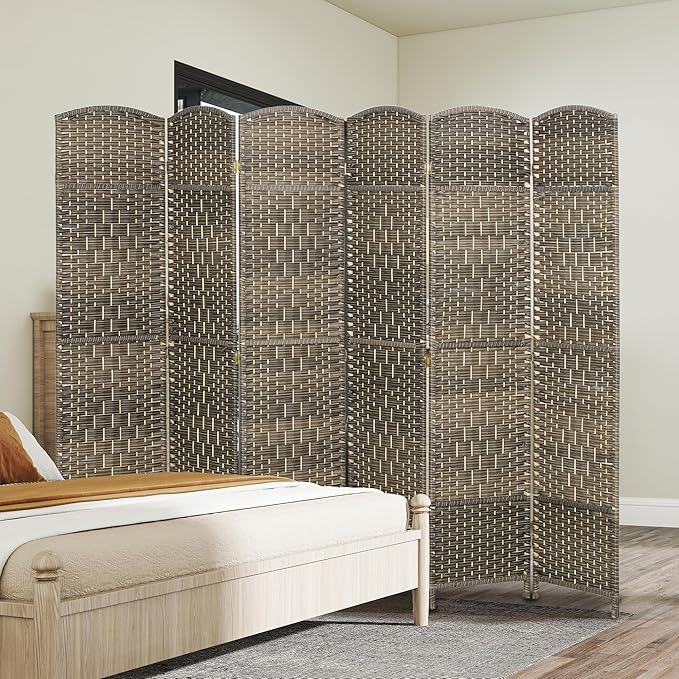 HOMCOM 6 Panel Room Divider, 6' Tall Folding Privacy Screen, Woven Freestanding Wall Partition for Home Office, Bedroom, Dark Rustic Oak