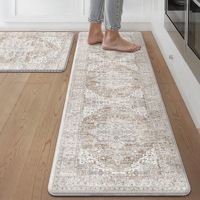 GENIMO Kitchen Mats for Floor, 2PCS Kitchen Rugs Non Slip Washable, Waterproof Anti Fatigue Mat, Comfort Standing Runner Rug for Sink, Office, Laundry, Home, 17.3"x59"+17.3"x30", Blue&Brown