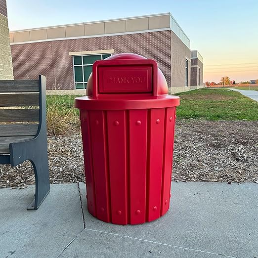 Campus Collection 42 Gallon Slatted Round Heavy Duty Plastic Commercial Outdoor Trash Can with Push Open Dome Lid and Internal Liner | Great for Schools and Businesses - Red