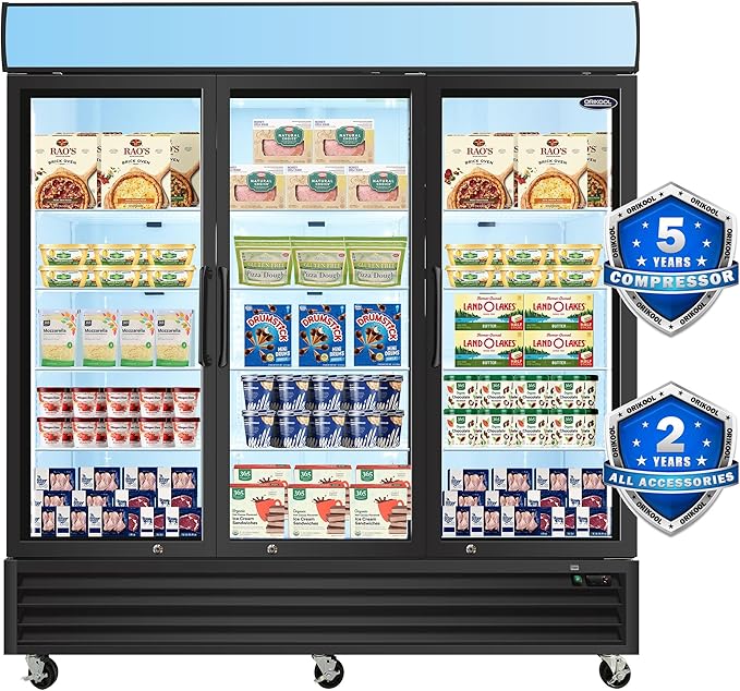 Glass Door Merchandiser Freezer 70 Cu.ft Swing Door Commercial Reach-In Display Freezers with LED Top Panel Upright Freeze Storage (3 Door)