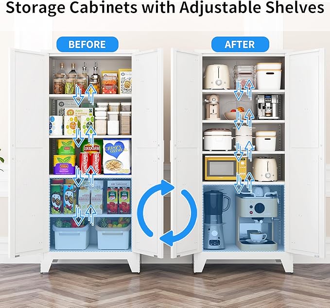 71" Tall Pantry Cabinet, White Metal Pantry Storage Cabinet, Kitchen Pantry Storage Cabinets with 2 Door and 4 Adjustable Shelves (White, 71" Modern)