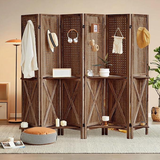 6 Panel Pegboard Display with Shelf, Wooden Pegboard Room Divider Wall with 24 Hooks, Partition Room Dividers and Folding Privacy Screens, Bedroom, Jewelry Store, Brown